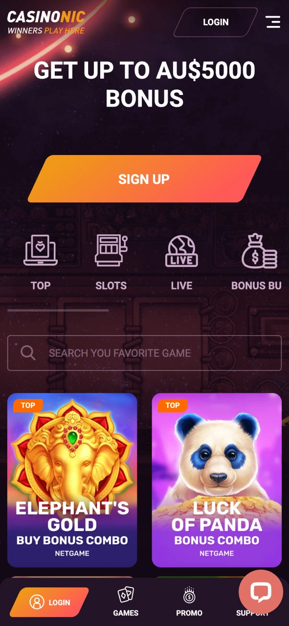 Explore the Casinonic home page and access games promotions and betting features with smooth navigation.