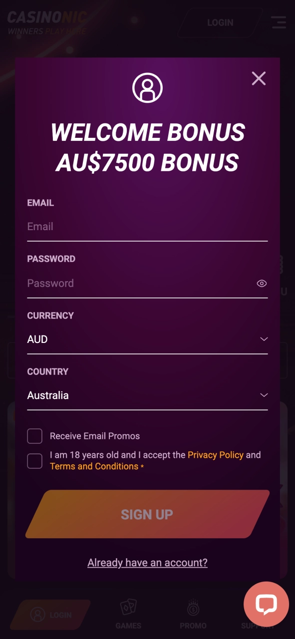 Create your Casinonic registration account and start playing quickly with a fast sign up process.