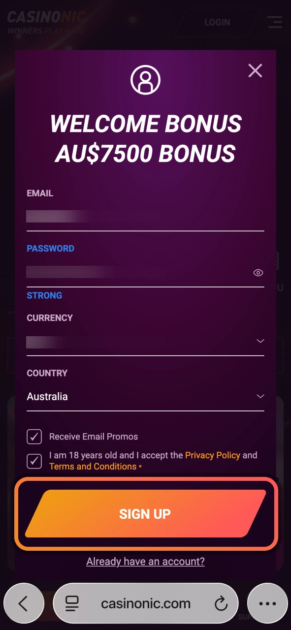 Create your Casinonic account and unlock quick entry to games promotions and betting features.