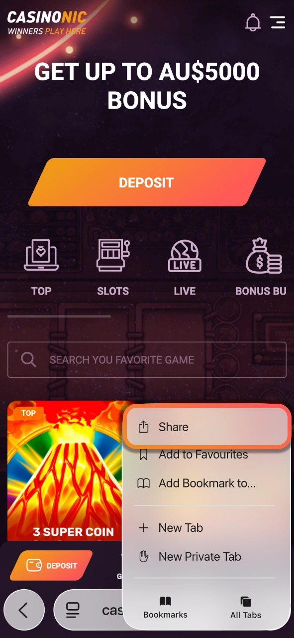 Use the Safari share menu on Casinonic and prepare the platform for instant mobile access.