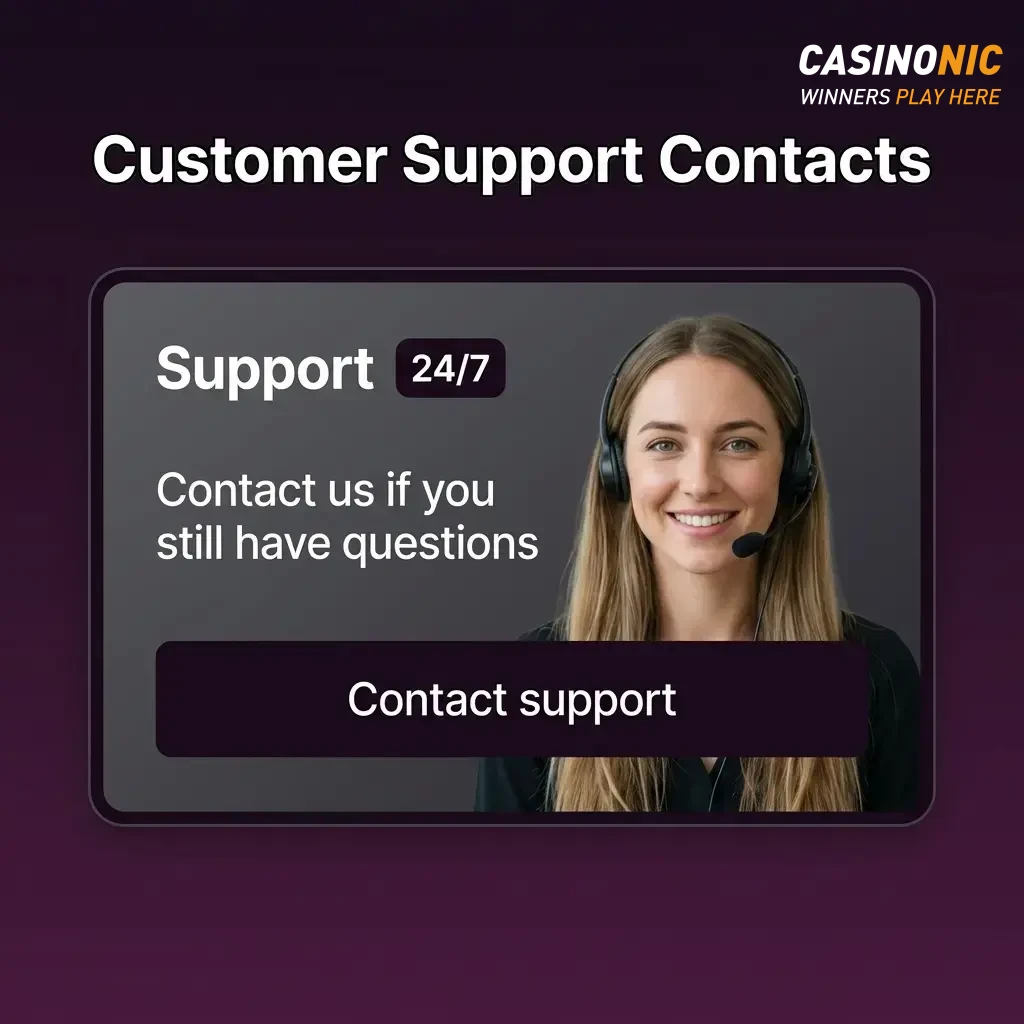 Casinonic customer support contacts showing live chat, email and contact form options for Australian users.
