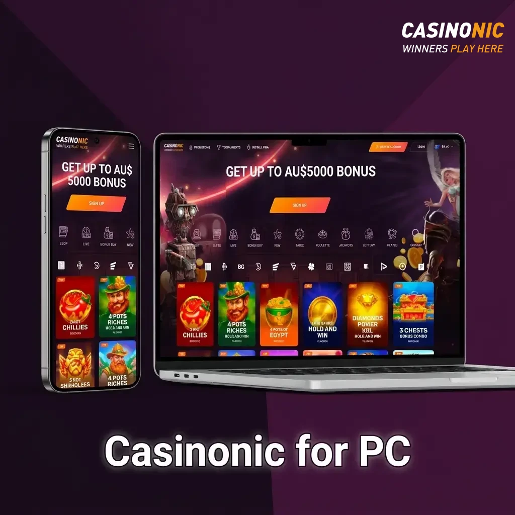 Casinonic browser-based platform on PC desktop showing casino games accessible via Chrome Firefox Edge or Safari.