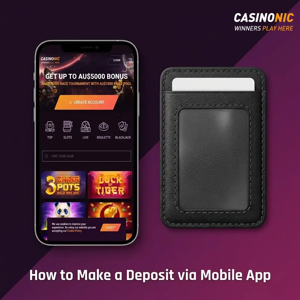 Casinonic mobile app deposit steps showing payment method selection and AU$20 minimum transaction process.