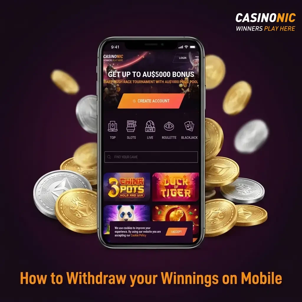 Casinonic mobile withdrawal steps showing account menu, payment method selection, and withdrawal amount entry process.
