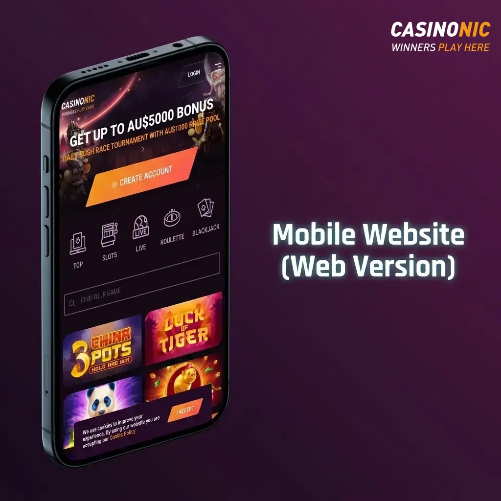 Casinonic mobile website running in a smartphone browser with full casino features, no download required.