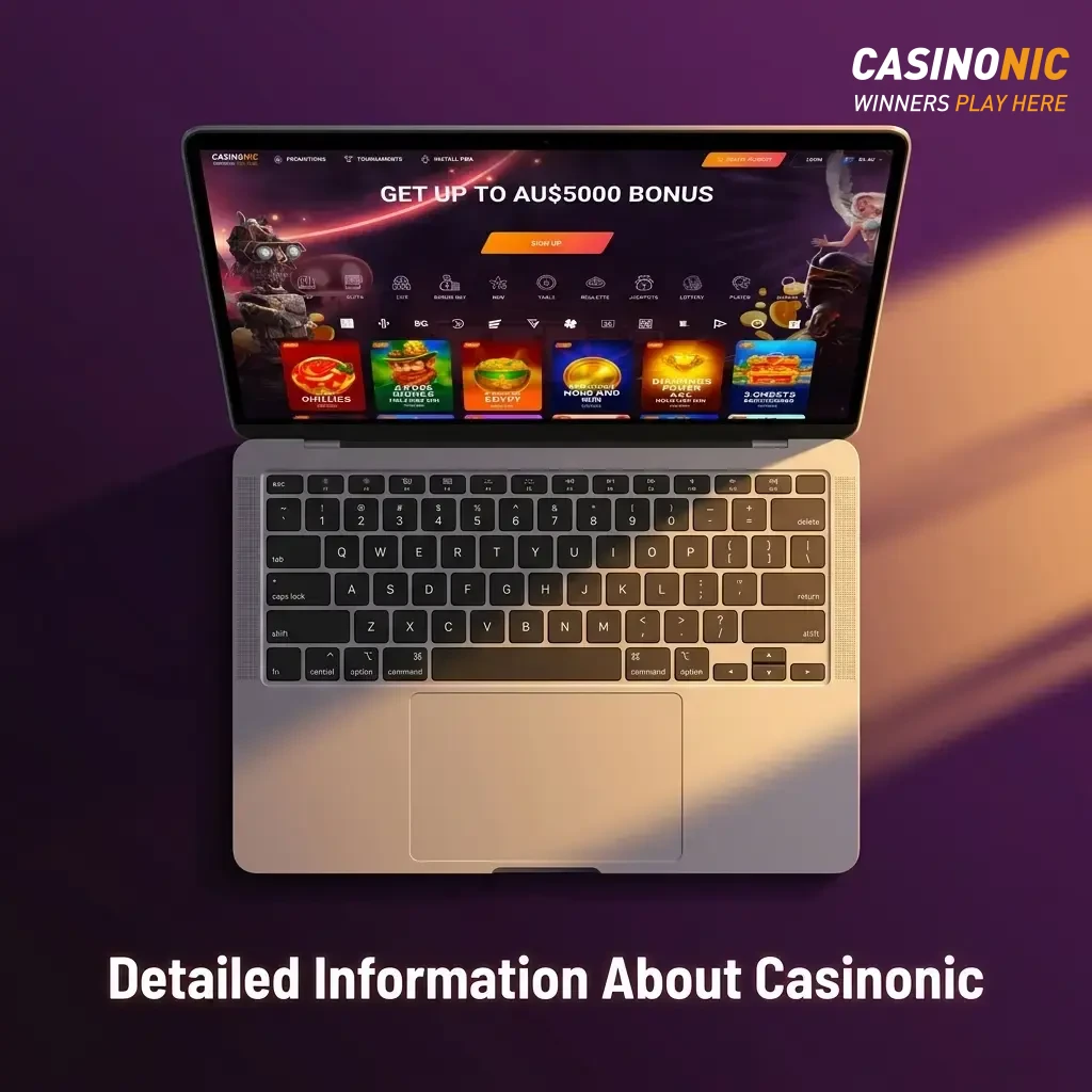 Casinonic platform for Australian players featuring sports betting, casino games, mobile app, and secure account management.