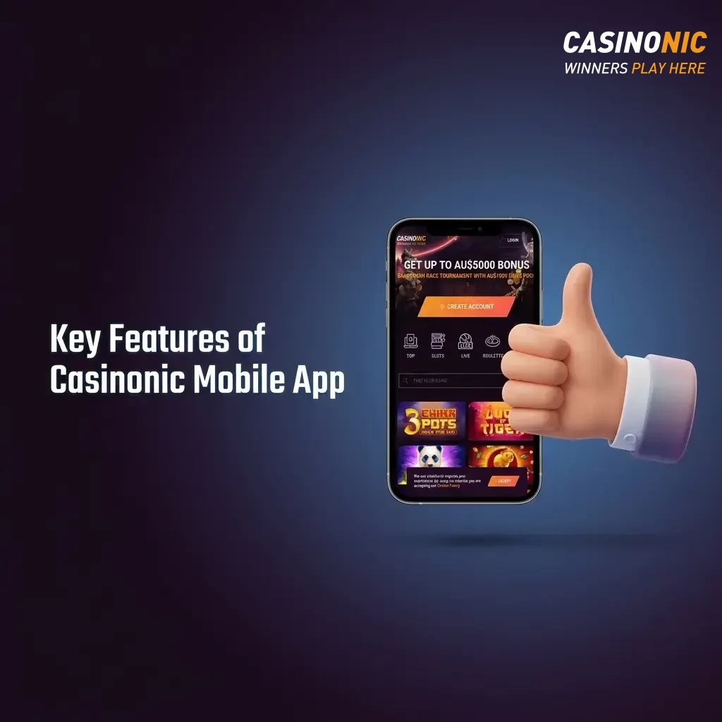 Casinonic mobile app features: AUD support, local payments, AU$5,000 welcome bonus, pokies, live games & sports betting.