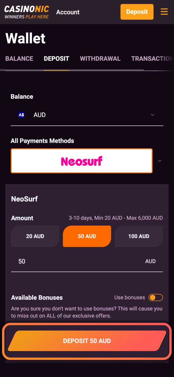 Make your first deposit at Casinonic using trusted payment and cryptocurrency options.