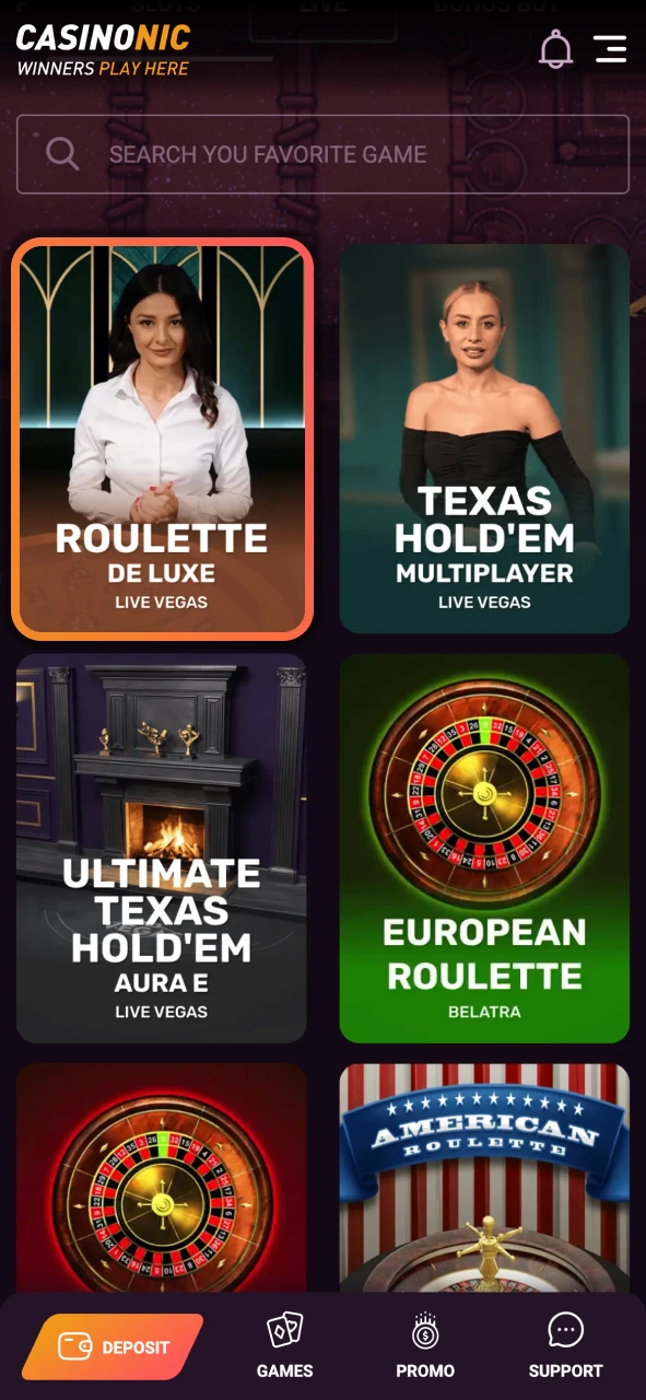 Open a live table at Casinonic and enjoy real dealer gameplay directly from your device.