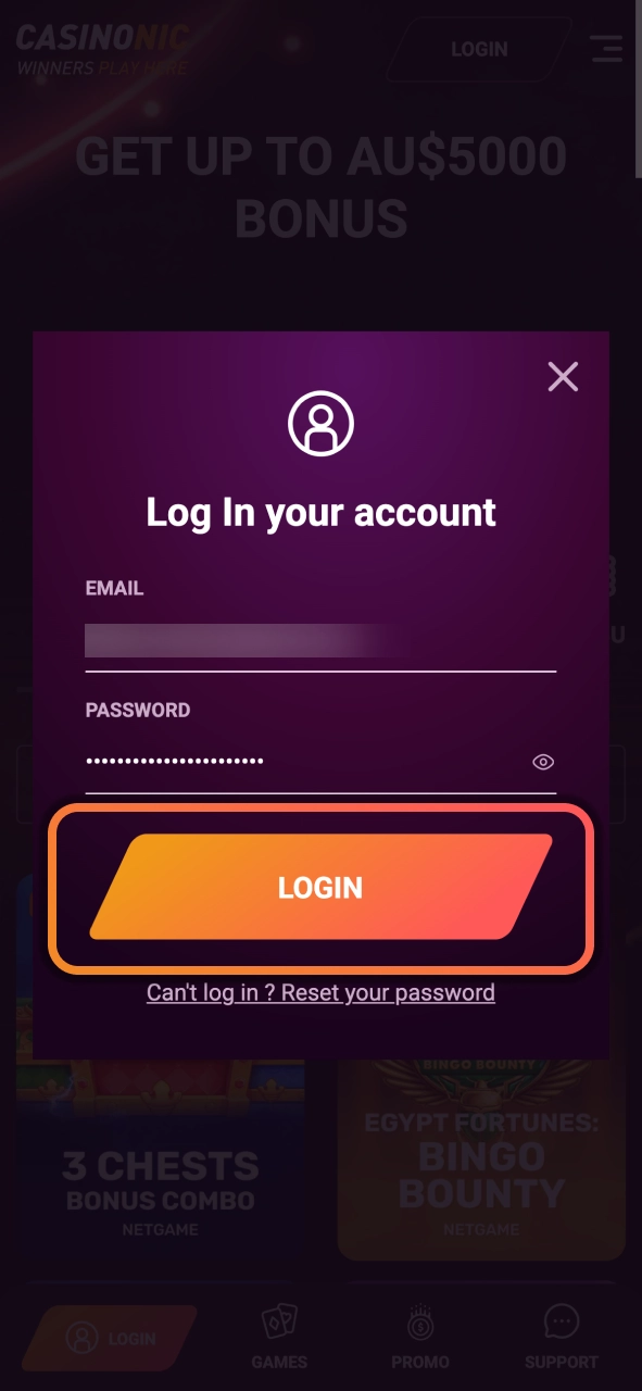 Sign in to Casinonic and enjoy instant access to games bonuses and account features.