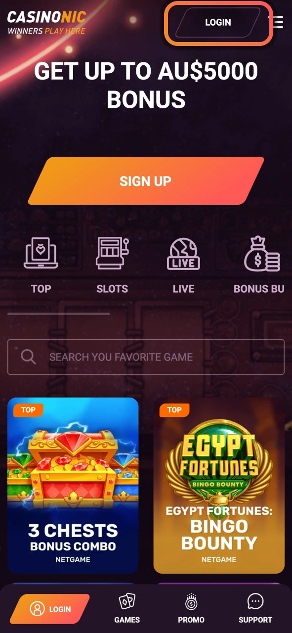 Open the Casinonic login section and continue to your profile with quick account access.
