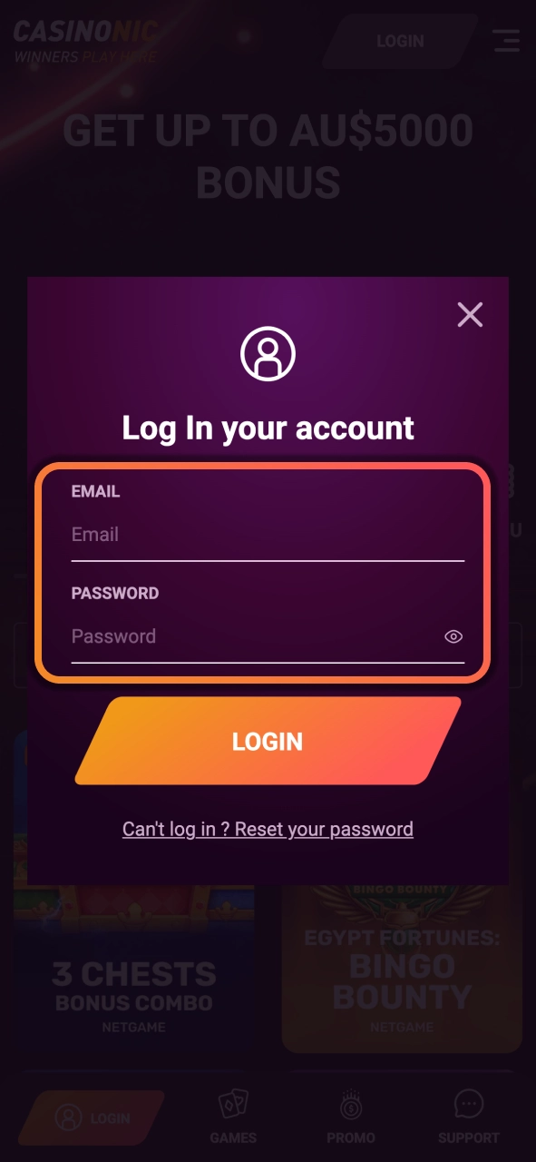 Enter your Casinonic email and password to securely access your personal gaming account.