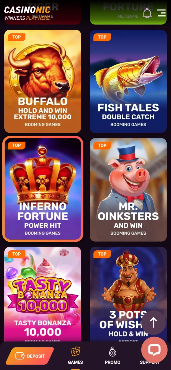 Browse the Casinonic game library and discover slots live tables and popular casino titles.