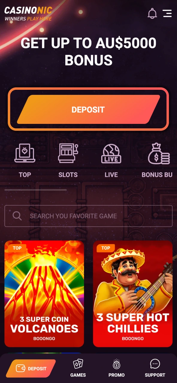 Make a deposit at Casinonic and fund your balance quickly using trusted payment methods.