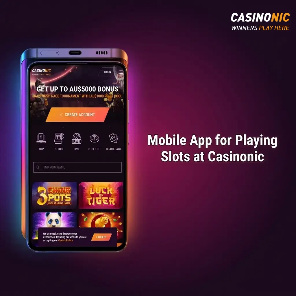 Casinonic mobile app slots lobby on smartphone showing game filters, balance display and spin controls.