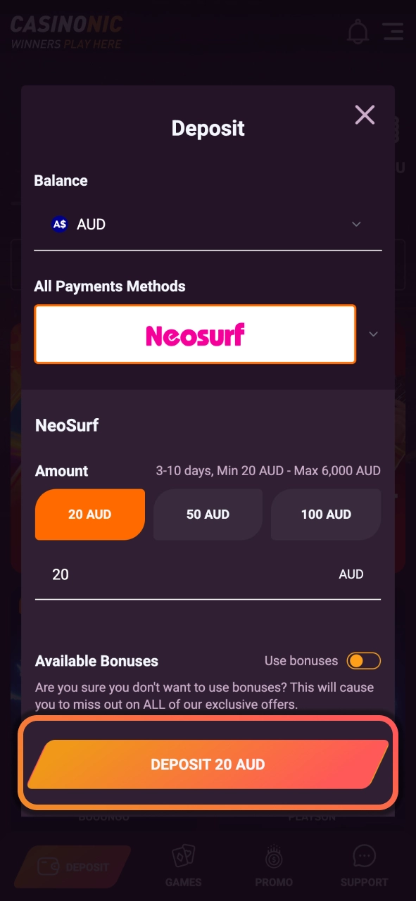 Confirm your Casinonic transaction and enjoy instant balance updates for uninterrupted gameplay.