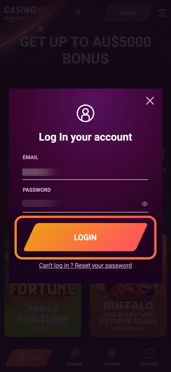 Log in to Casinonic and access secure account funding with quick and easy verification.