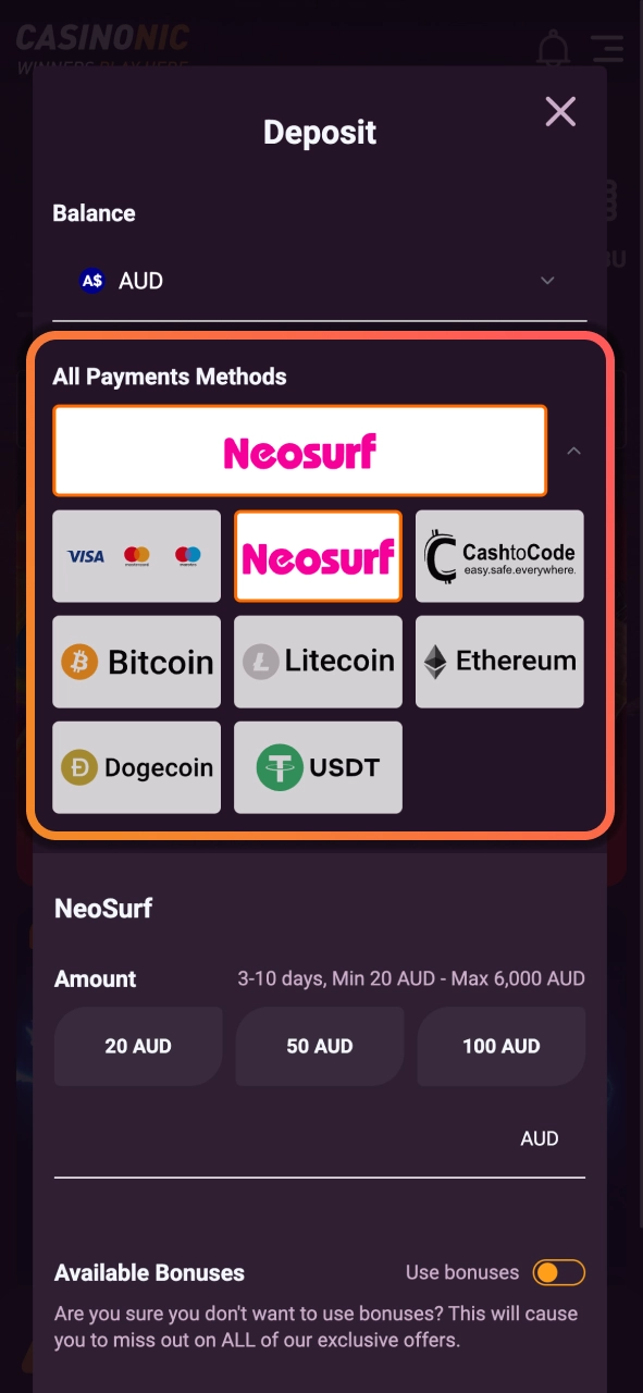 Choose a Casinonic payment method and enjoy flexible deposits with trusted transaction options.