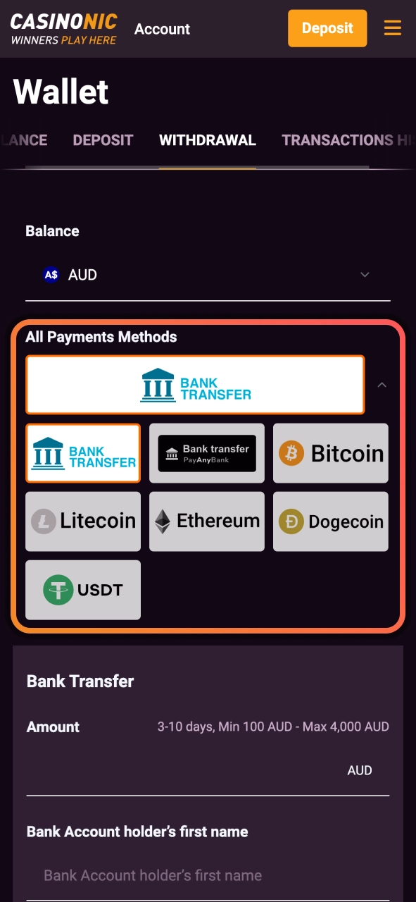 Select your Casinonic withdrawal method and transfer funds using trusted payment options.