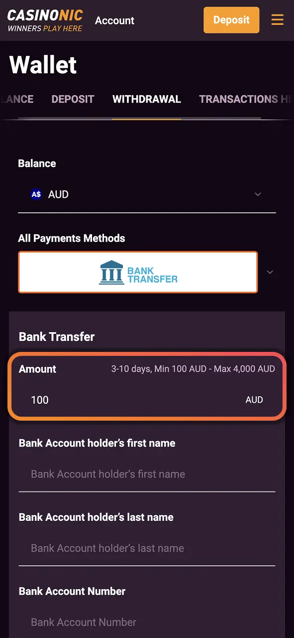 Enter your Casinonic withdrawal amount and review transaction details before confirming.