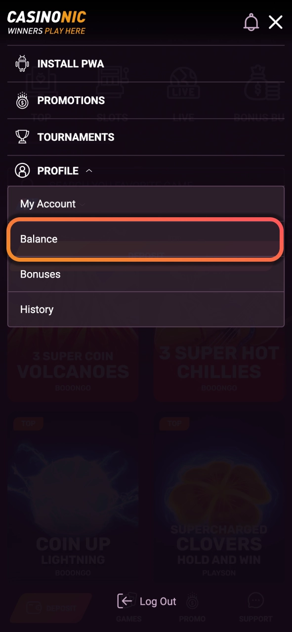Open the Casinonic cashier section and manage withdrawal requests with simple account navigation.