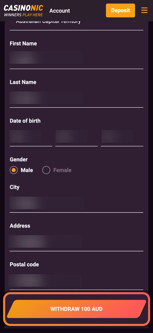 Enter your Casinonic withdrawal amount and review transaction details before confirming.