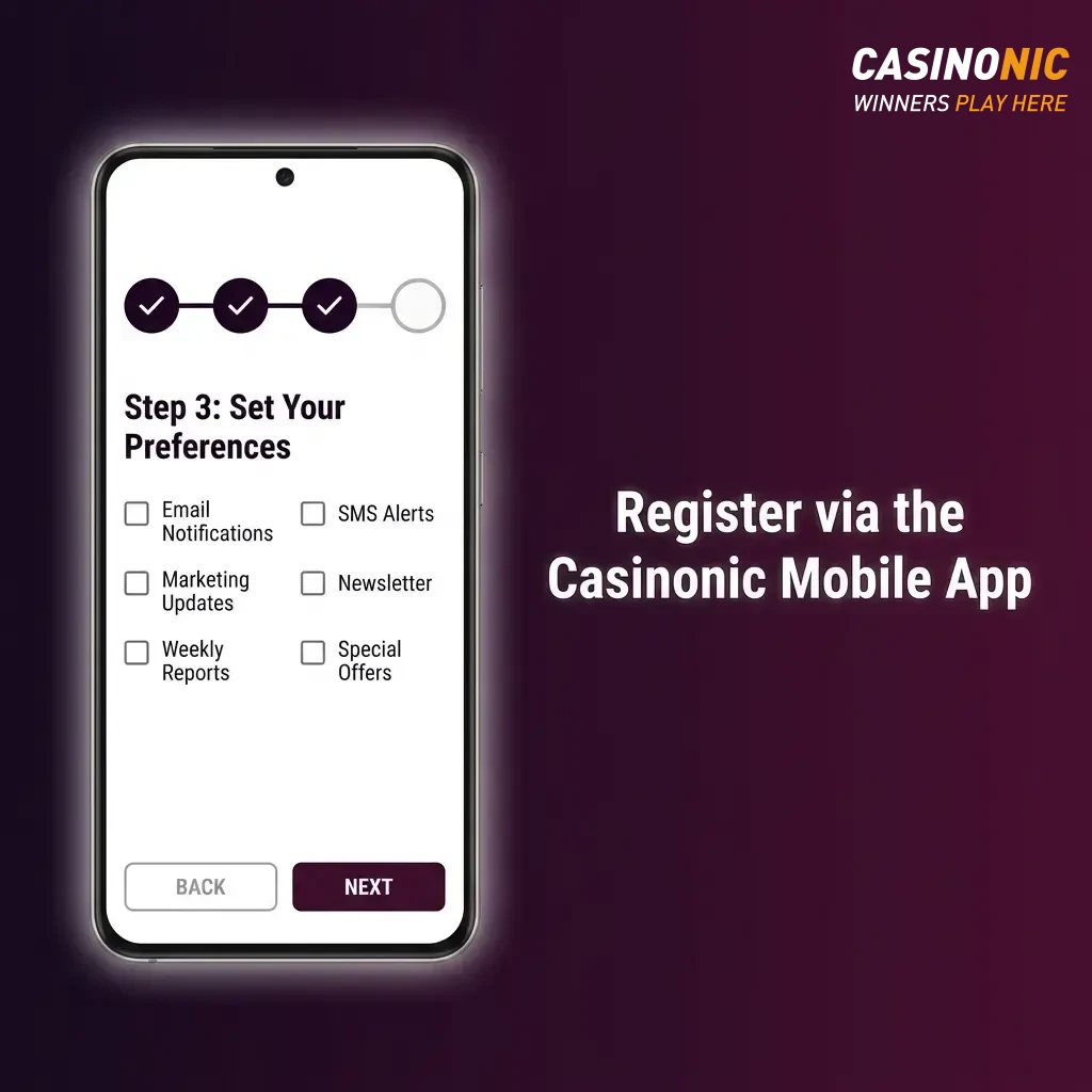 Casinonic mobile app registration screen showing sign up options on iOS and Android devices.