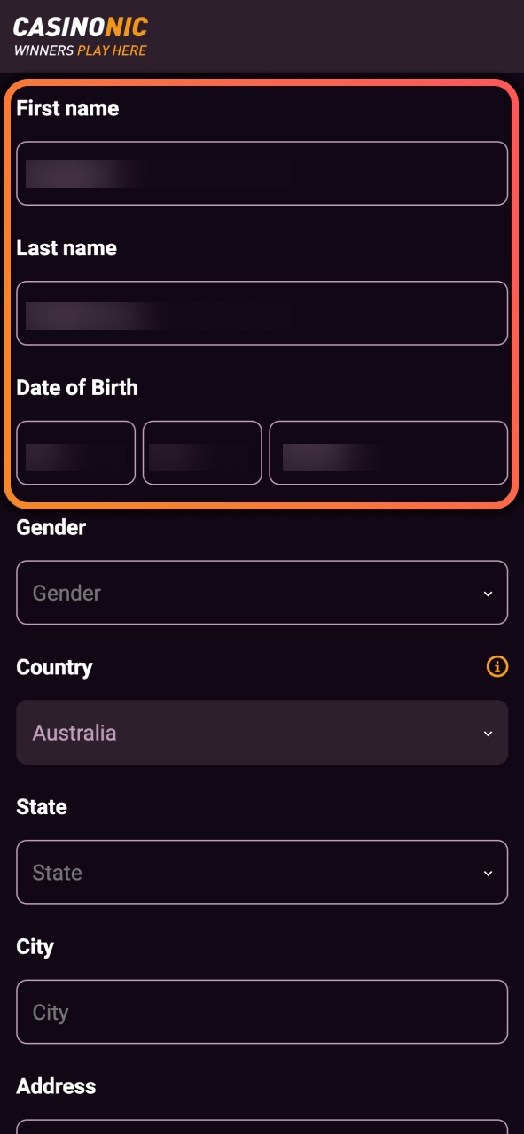 Complete the Casinonic registration form and provide your personal details for account verification.