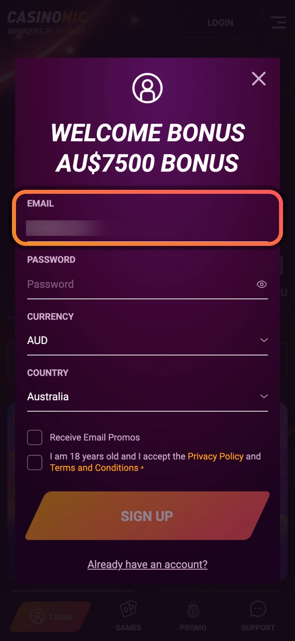 Enter your Casinonic email details and create a strong password for protected account access.