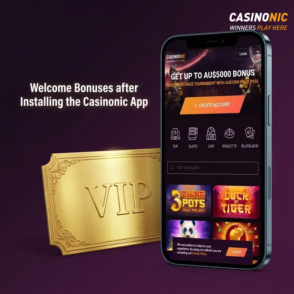 Casinonic app welcome bonus package offering up to AU$5,000 for new Australian players with free spins and sports betting.